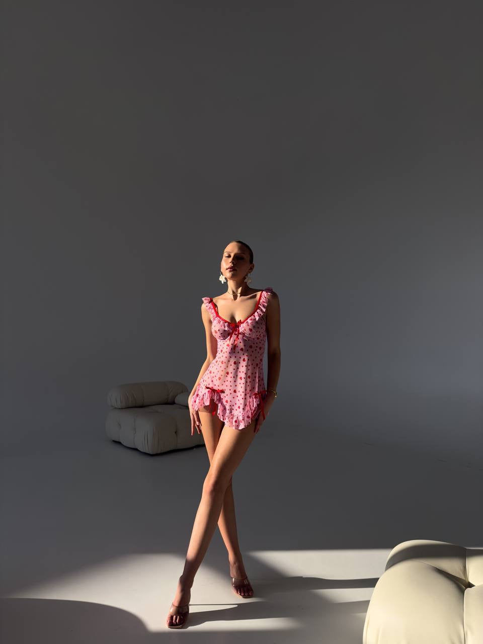 Kalp Desenli Pembe Babydoll – Tanga Hediyeli Zarif ve Seksi Set