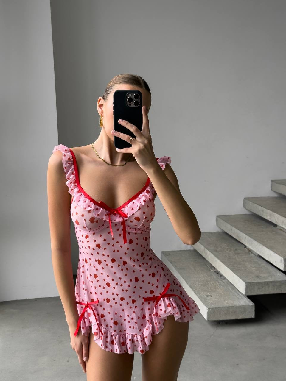 Kalp Desenli Pembe Babydoll – Tanga Hediyeli Zarif ve Seksi Set